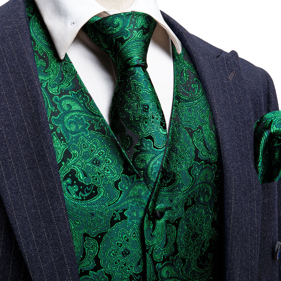 Green Paisley Jacquard Silk Vest Set vest set S (Chest 40")   - Sophisticated Gentlemen