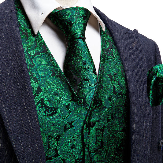 Green Paisley Jacquard Silk Vest Set vest set S (Chest 40")   - Sophisticated Gentlemen
