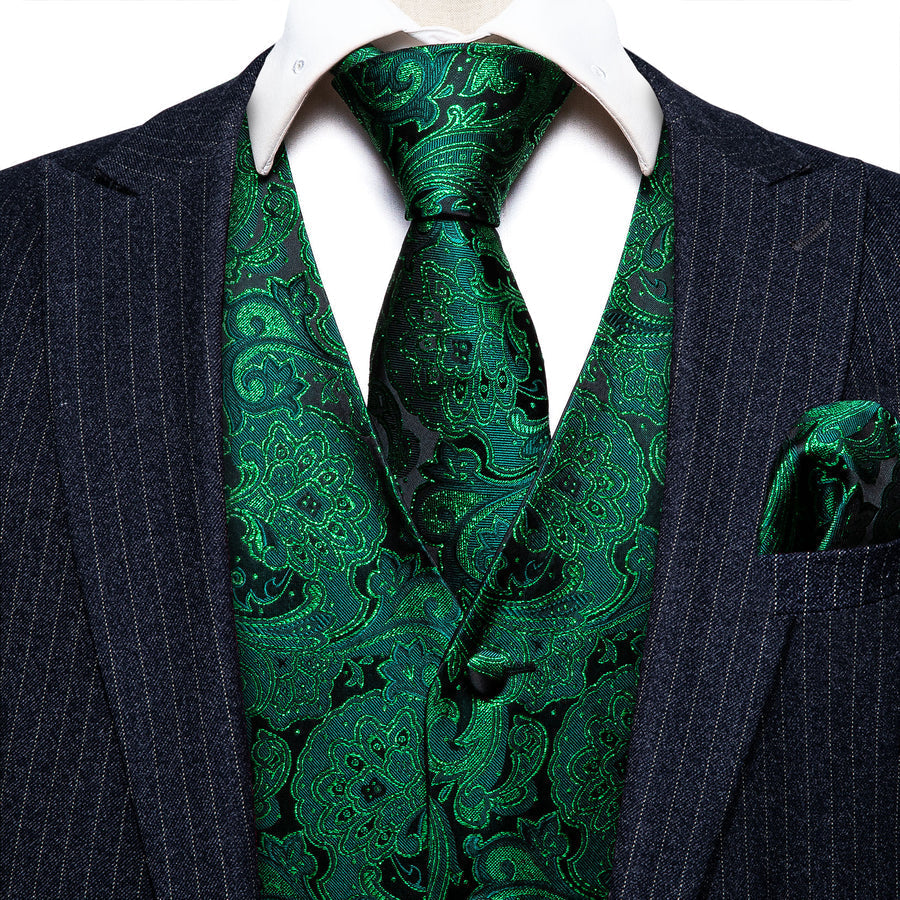 Green Paisley Jacquard Silk Vest Set vest set    - Sophisticated Gentlemen