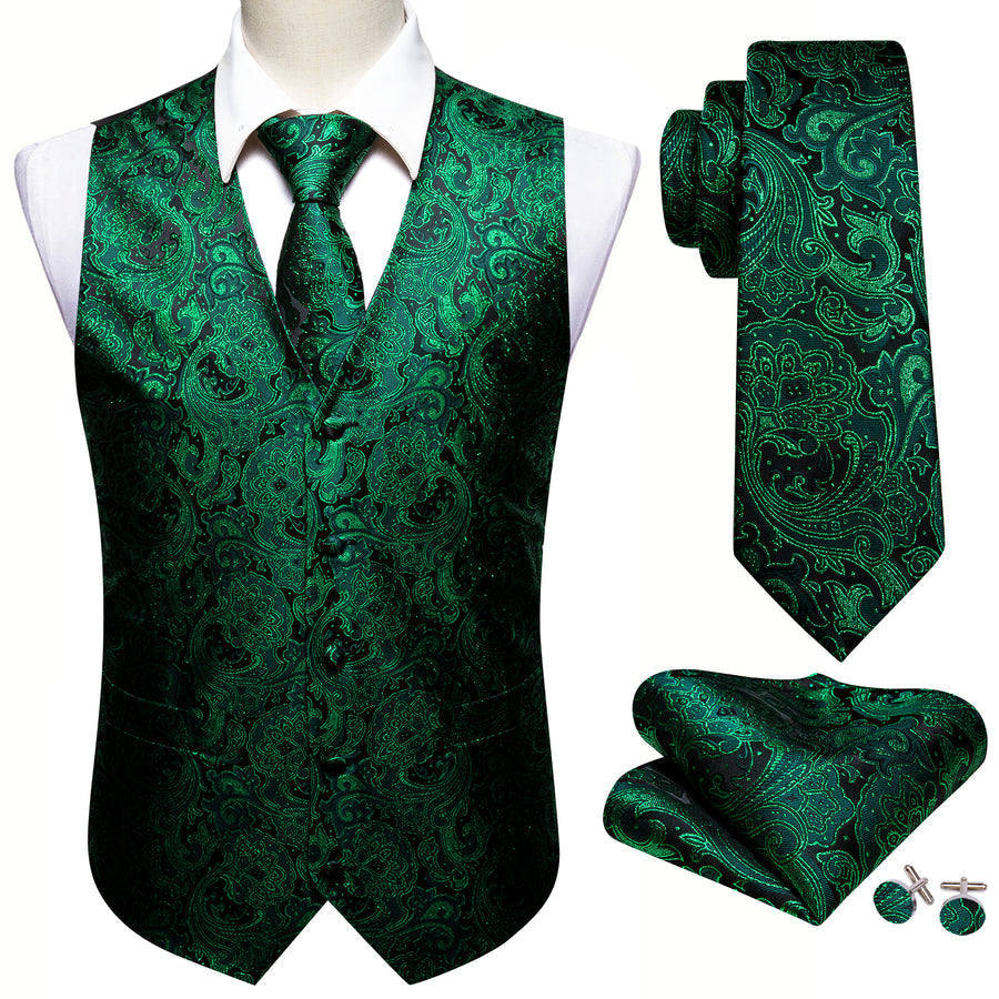 Green Paisley Jacquard Silk Vest Set vest set    - Sophisticated Gentlemen