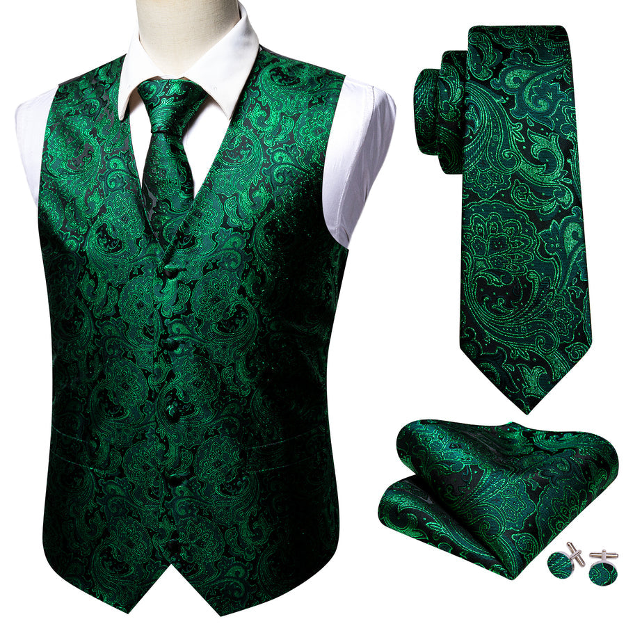Green Paisley Jacquard Silk Vest Set vest set    - Sophisticated Gentlemen