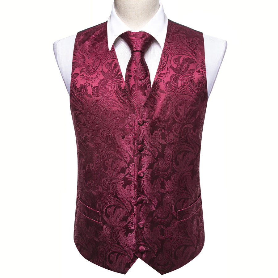 Burgundy Red Paisley Jacquard Silk Vest Set vest set    - Sophisticated Gentlemen