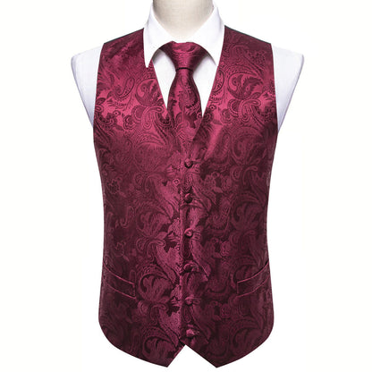 Burgundy Red Paisley Jacquard Silk Vest Set vest set    - Sophisticated Gentlemen