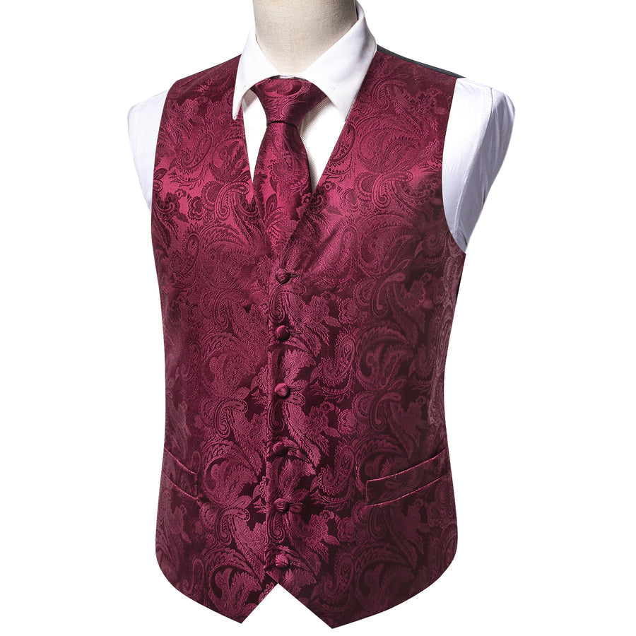 Burgundy Red Paisley Jacquard Silk Vest Set vest set    - Sophisticated Gentlemen