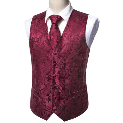 Burgundy Red Paisley Jacquard Silk Vest Set vest set    - Sophisticated Gentlemen