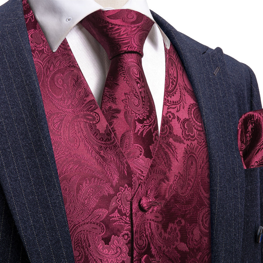 Burgundy Red Paisley Jacquard Silk Vest Set vest set S (Chest 40")   - Sophisticated Gentlemen