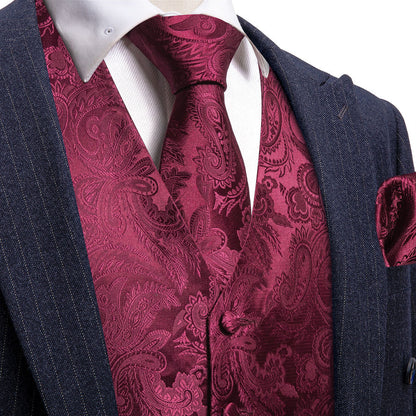 Burgundy Red Paisley Jacquard Silk Vest Set vest set S (Chest 40")   - Sophisticated Gentlemen
