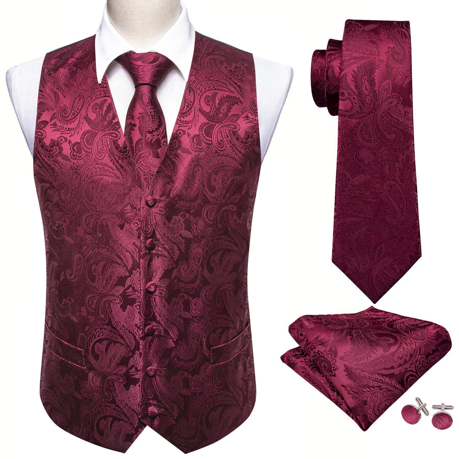 Burgundy Red Paisley Jacquard Silk Vest Set vest set    - Sophisticated Gentlemen