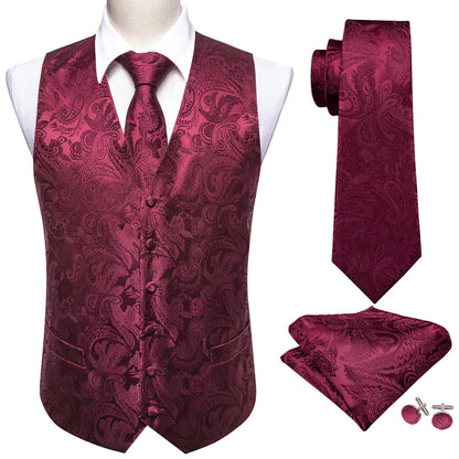 Burgundy Red Paisley Jacquard Silk Vest Set vest set    - Sophisticated Gentlemen
