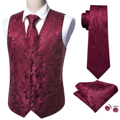 Burgundy Red Paisley Jacquard Silk Vest Set vest set    - Sophisticated Gentlemen