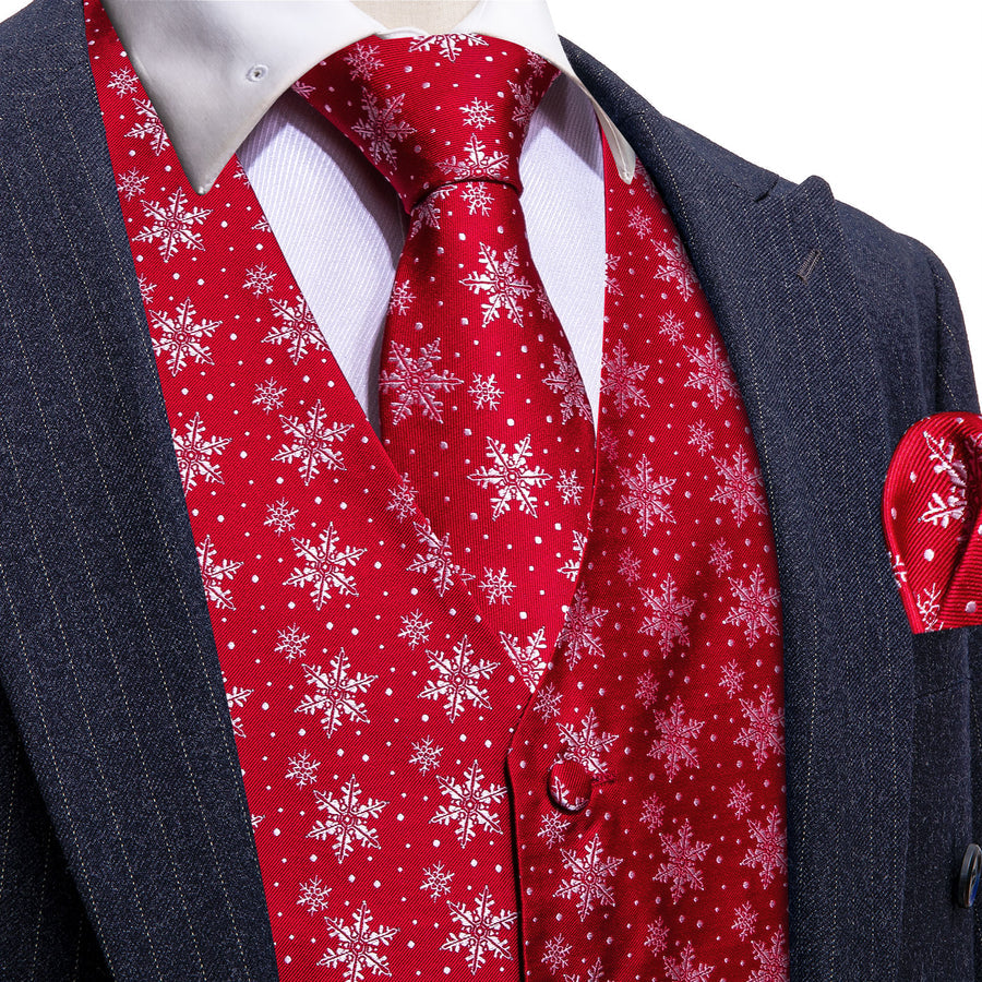 Christmas Red Snowflake Novelty Jacquard Silk Men's Vest Set vest set S (Chest 40")   - Sophisticated Gentlemen