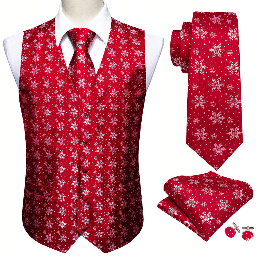 Christmas Red Snowflake Novelty Jacquard Silk Men's Vest Set vest set    - Sophisticated Gentlemen
