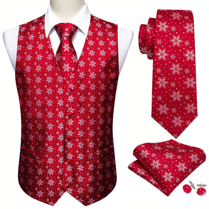 Christmas Red Snowflake Novelty Jacquard Silk Men's Vest Set vest set    - Sophisticated Gentlemen