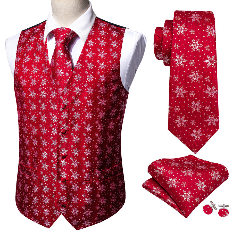 Christmas Red Snowflake Novelty Jacquard Silk Men's Vest Set vest set    - Sophisticated Gentlemen