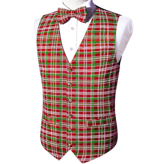 Christmas Red Green Plaid Jacquard Silk Vest Set vest set S (Chest 40")   - Sophisticated Gentlemen