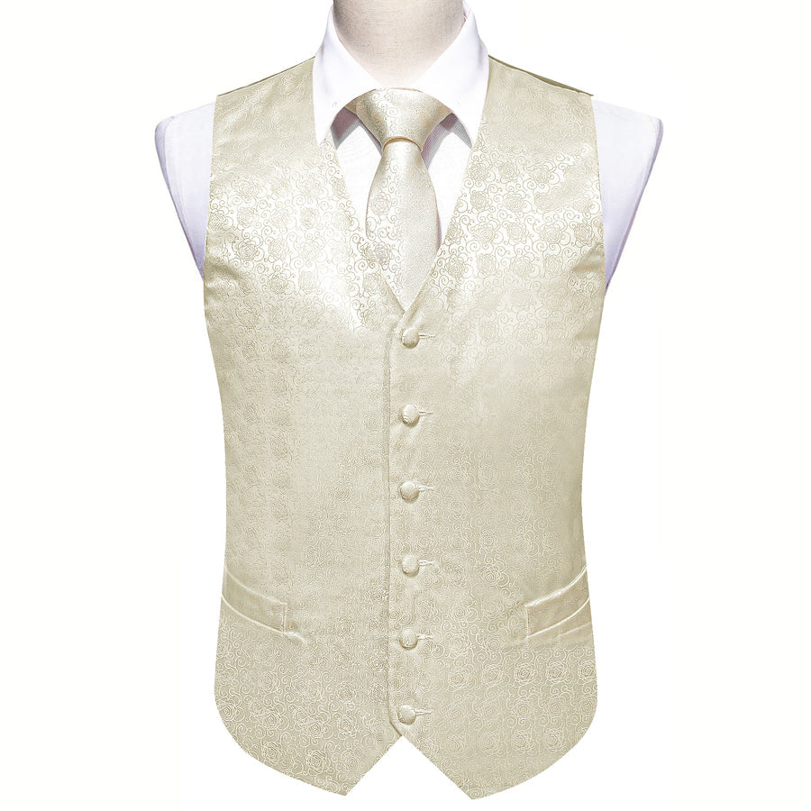 Beige and White Floral Jacquard Silk Vest Set - 4 Piece vest set    - Sophisticated Gentlemen
