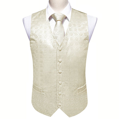 Beige and White Floral Jacquard Silk Vest Set - 4 Piece vest set    - Sophisticated Gentlemen
