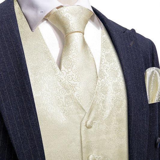 Beige and White Floral Jacquard Silk Vest Set - 4 Piece vest set S (Chest 40")   - Sophisticated Gentlemen