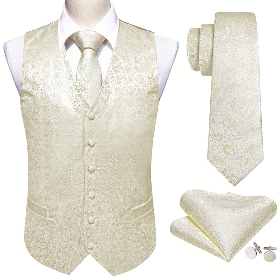 Beige and White Floral Jacquard Silk Vest Set - 4 Piece vest set    - Sophisticated Gentlemen
