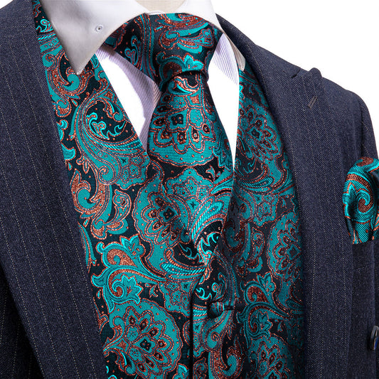 Lake Blue Brown Paisley Jacquard Silk Men's Vest Set vest set S (Chest 40")   - Sophisticated Gentlemen