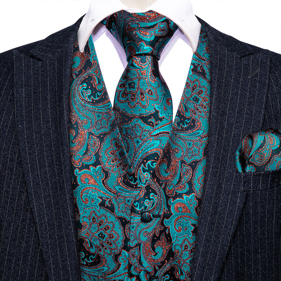 Lake Blue Brown Paisley Jacquard Silk Men's Vest Set vest set    - Sophisticated Gentlemen