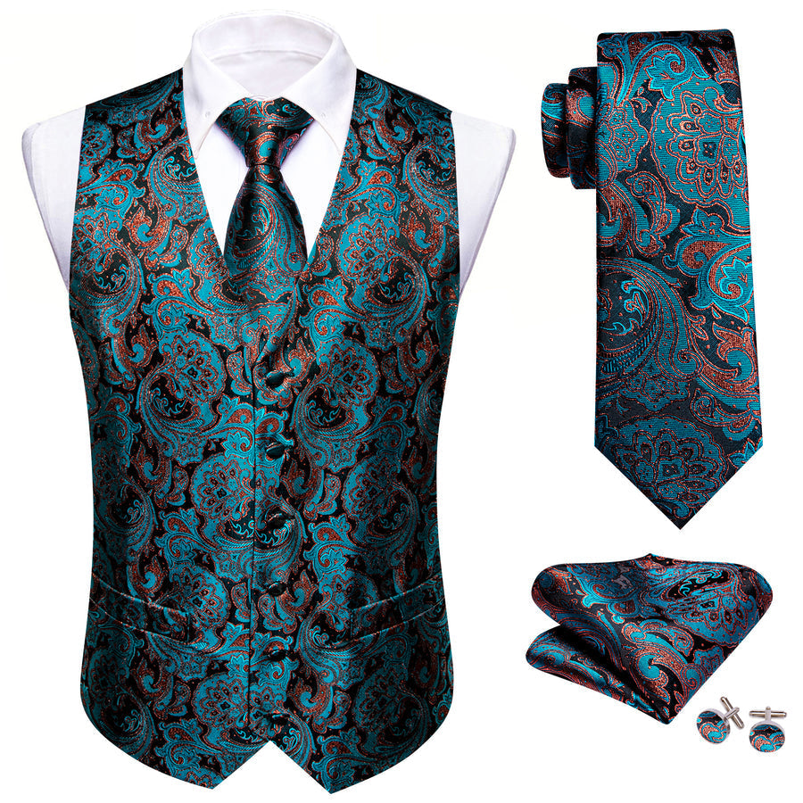 Lake Blue Brown Paisley Jacquard Silk Men's Vest Set vest set    - Sophisticated Gentlemen