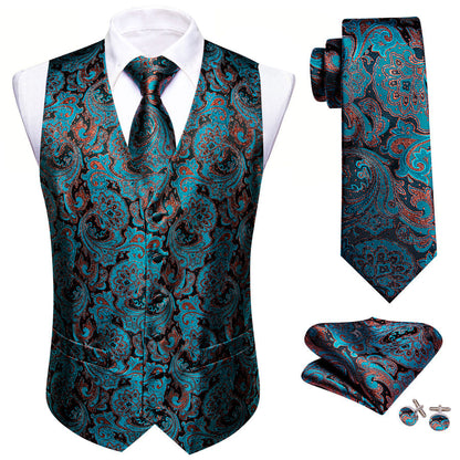 Lake Blue Brown Paisley Jacquard Silk Men's Vest Set vest set    - Sophisticated Gentlemen