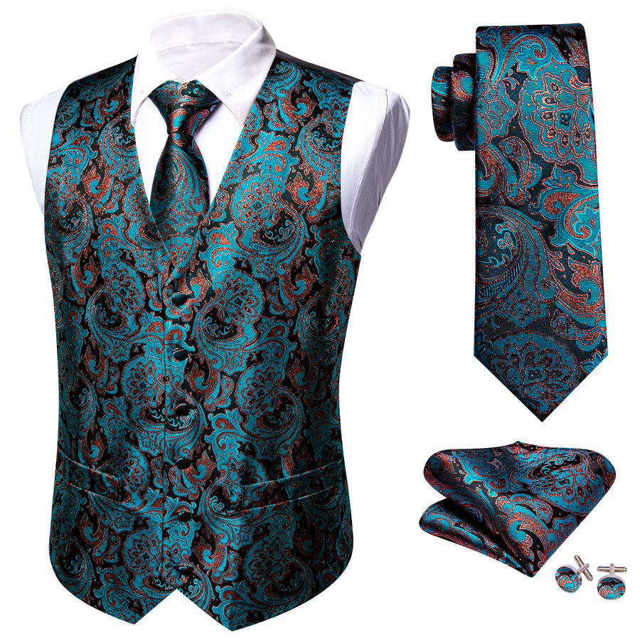 Lake Blue Brown Paisley Jacquard Silk Men's Vest Set vest set    - Sophisticated Gentlemen