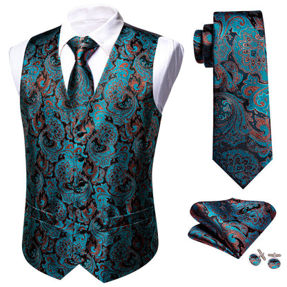 Lake Blue Brown Paisley Jacquard Silk Men's Vest Set vest set    - Sophisticated Gentlemen