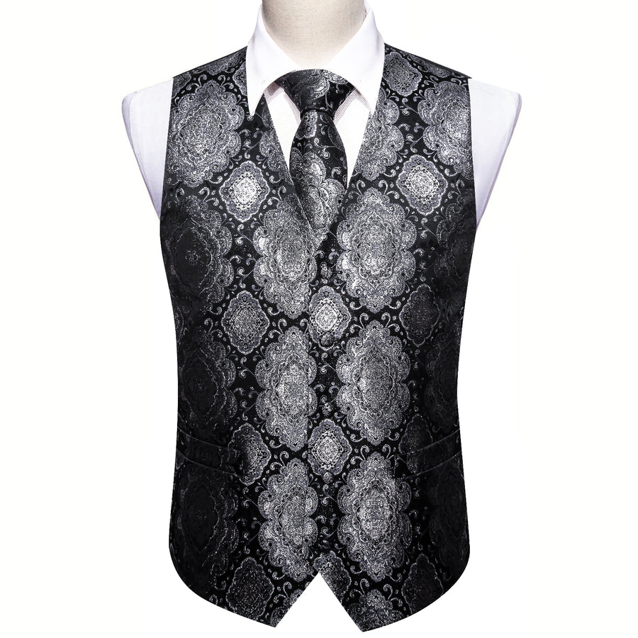 Black Gray Novelty Jacquard Silk Men's Vest Set vest set    - Sophisticated Gentlemen