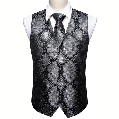 Black Gray Novelty Jacquard Silk Men's Vest Set vest set    - Sophisticated Gentlemen
