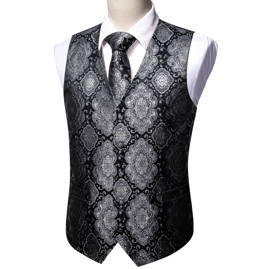 Black Gray Novelty Jacquard Silk Men's Vest Set vest set    - Sophisticated Gentlemen