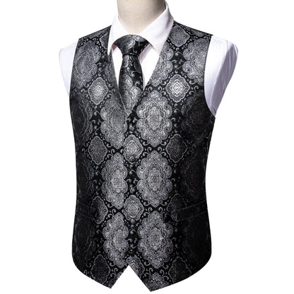 Black Gray Novelty Jacquard Silk Men's Vest Set vest set    - Sophisticated Gentlemen