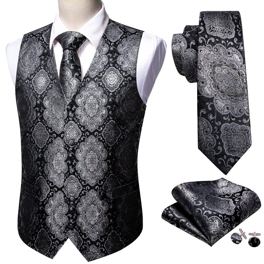 Black Gray Novelty Jacquard Silk Men's Vest Set vest set    - Sophisticated Gentlemen