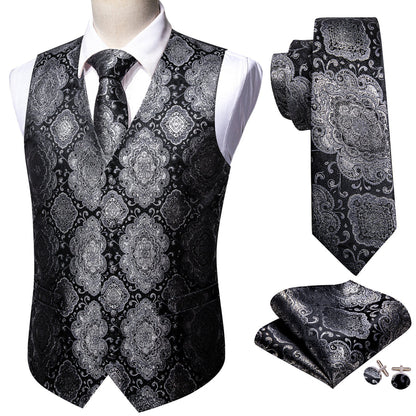 Black Gray Novelty Jacquard Silk Men's Vest Set vest set    - Sophisticated Gentlemen
