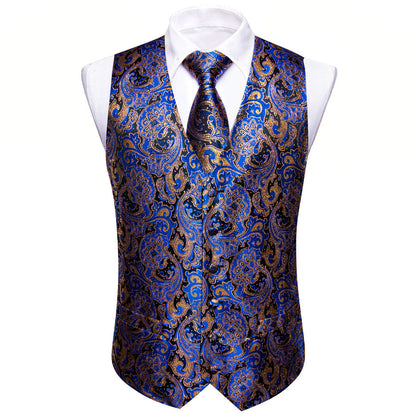 Blue Brown Paisley Jacquard Silk Men's Vest Set vest set    - Sophisticated Gentlemen