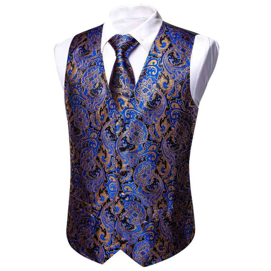 Blue Brown Paisley Jacquard Silk Men's Vest Set vest set    - Sophisticated Gentlemen