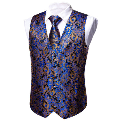 Blue Brown Paisley Jacquard Silk Men's Vest Set vest set    - Sophisticated Gentlemen