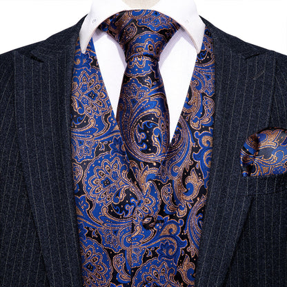 Blue Brown Paisley Jacquard Silk Men's Vest Set vest set    - Sophisticated Gentlemen