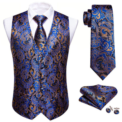 Blue Brown Paisley Jacquard Silk Men's Vest Set vest set    - Sophisticated Gentlemen