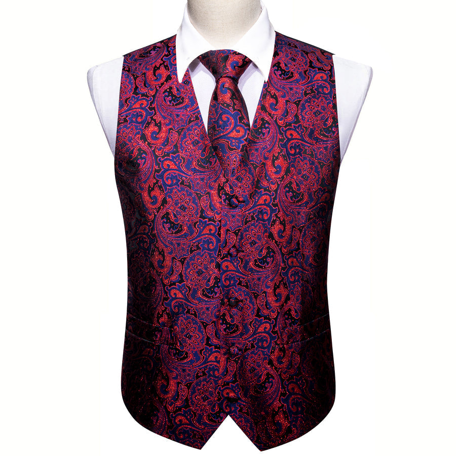 Blue Red Paisley Jacquard Silk Men's Vest Set vest set    - Sophisticated Gentlemen