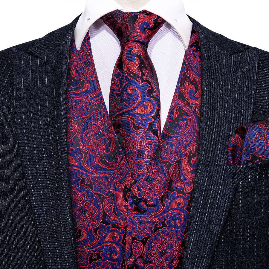 Blue Red Paisley Jacquard Silk Men's Vest Set vest set    - Sophisticated Gentlemen