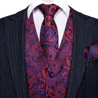 Blue Red Paisley Jacquard Silk Men's Vest Set vest set    - Sophisticated Gentlemen