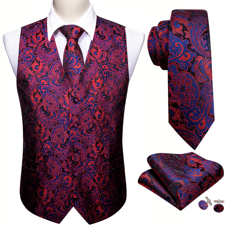 Blue Red Paisley Jacquard Silk Men's Vest Set vest set    - Sophisticated Gentlemen