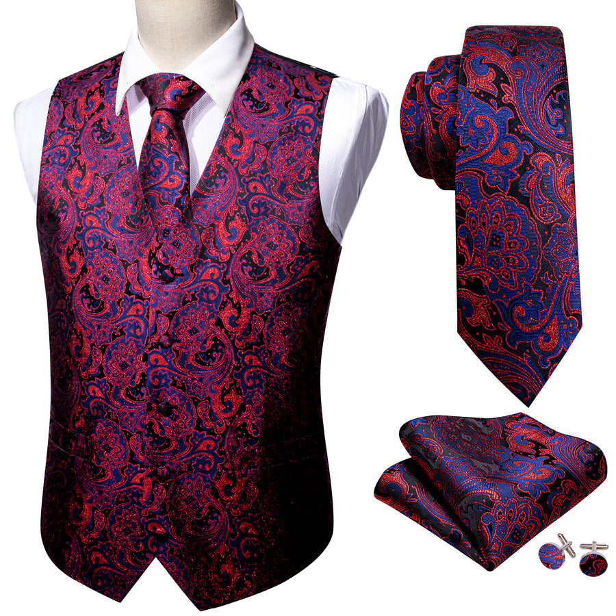 Blue Red Paisley Jacquard Silk Men's Vest Set vest set    - Sophisticated Gentlemen