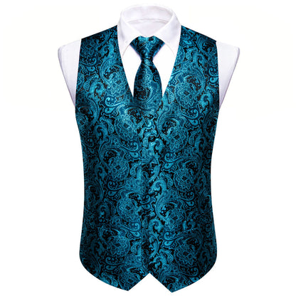 New Blue Paisley Jacquard Silk Men's Vest Set vest set    - Sophisticated Gentlemen