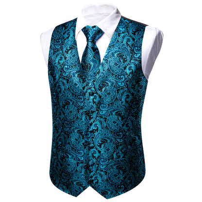 New Blue Paisley Jacquard Silk Men's Vest Set vest set    - Sophisticated Gentlemen
