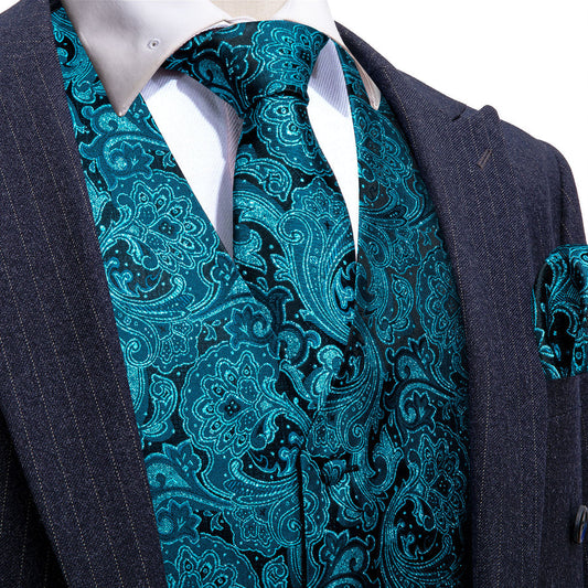 New Blue Paisley Jacquard Silk Men's Vest Set vest set S (Chest 40")   - Sophisticated Gentlemen