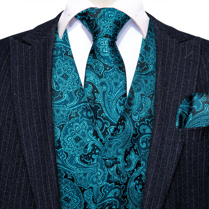 New Blue Paisley Jacquard Silk Men's Vest Set vest set    - Sophisticated Gentlemen