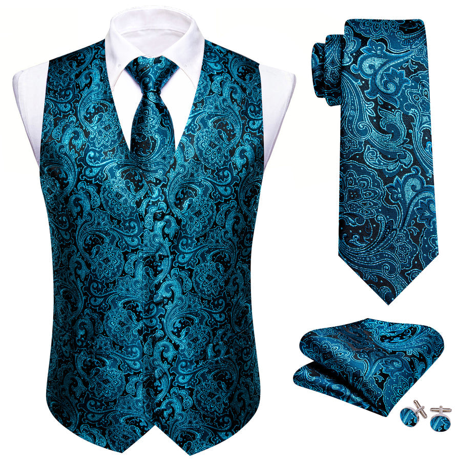 New Blue Paisley Jacquard Silk Men's Vest Set vest set    - Sophisticated Gentlemen